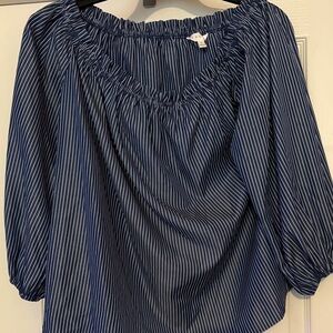 Adiva Navy and White Pinstripe Off-Shoulder Blouse